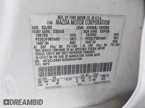 ✅ 2002 Mazda Tribute LX • VIN: 4F2CU08132KM43748 • Lot: 43154216. Listed on IAAI with 161,639 mi. Free auction sales archive from the USA and detailed vehicle history report at DreamBid. Image 9.