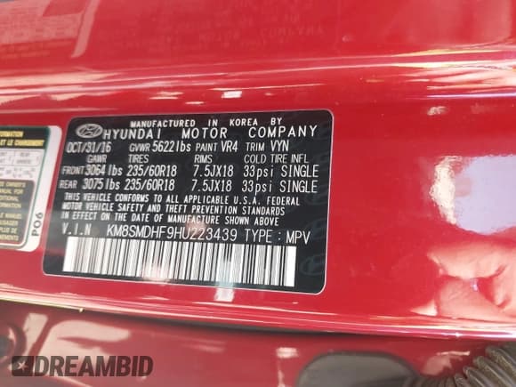 ✅ 2017 Hyundai Santa Fe SE • VIN: KM8SMDHF9HU223439 • Lot: 43610926. Wystawiony na IAAI z przebiegiem 140 988 mil. Bezpłatny archiwum sprzedaży aukcyjnych z USA i szczegółowy raport historii pojazdu na DreamBid. Zdjęcie 9.