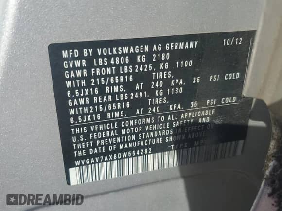 2013 Volkswagen Tiguan S z VIN WVGAV7AX8DW554282, wystawiony jako Copart lot #86422715 z przebiegiem 161 282 mil mil oraz Szkoda całkowita • Salvage title. Historia ofert i sprzedaży dostępna na DreamBid. Obrazek 13.