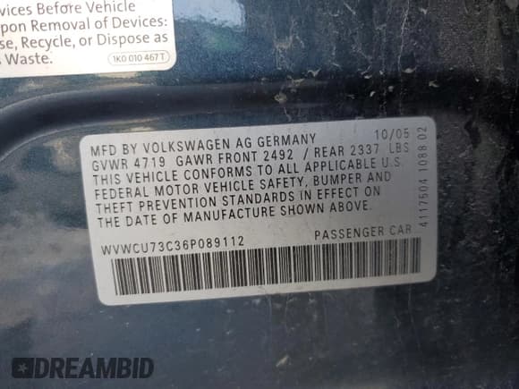 ✅ 2006 Volkswagen Passat 3.6L V6 • VIN: WVWCU73C36P089112 • Lot: 91281055. Listed on Copart with 139,818 mi. Free auction sales archive from the USA and detailed vehicle history report at DreamBid. Image 12.