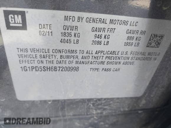 2011 Chevrolet Cruze LS с VIN 1G1PD5SH6B7200998, выставлен на аукционе IAAI как лот 43592271 с пробегом 240 250 миль миль и . История ставок и продаж доступна на DreamBid. Изображение 9.