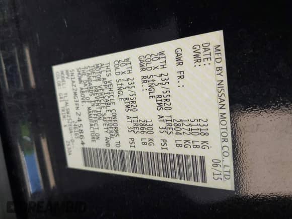 2015 Nissan Murano Platinum with VIN 5N1AZ2MG3FN245864, listed as a IAAI auction lot 42893544 with 83,732 mi miles and . Bid and sale history available at DreamBid. Image 9.