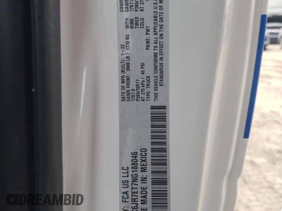 2022 Ram 1500 SLT с VIN 3C6JR7ET7NG188046, выставлен на аукционе Copart как лот 39188193 с пробегом 7 110 миль миль и . История ставок и продаж доступна на DreamBid. Изображение 13.