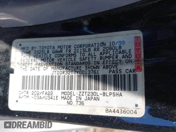 ✅ 2000 Toyota Celica GT • VIN: JTDDR32T7Y0013761 • Lot: 42121181. Listed on IAAI with Not provided. Free auction sales archive from the USA and detailed vehicle history report at DreamBid. Image 9.