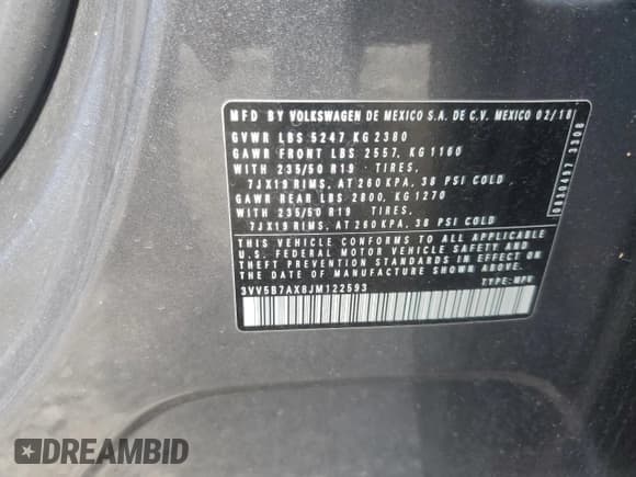 ✅ 2018 Volkswagen Tiguan SEL Premium • VIN: 3VV5B7AX8JM122593 • Lot: 60517425. Listed on Copart with 45,688 mi. Free auction sales archive from the USA and detailed vehicle history report at DreamBid. Image 13.