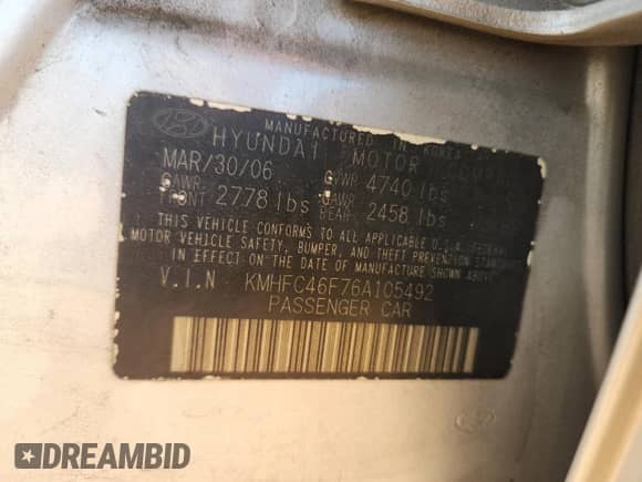 2006 Hyundai Azera SE with VIN KMHFC46F76A105492, listed as a Copart auction lot 84811085 with 221,526 mi miles and Salvage title. Bid and sale history available at DreamBid. Image 12.