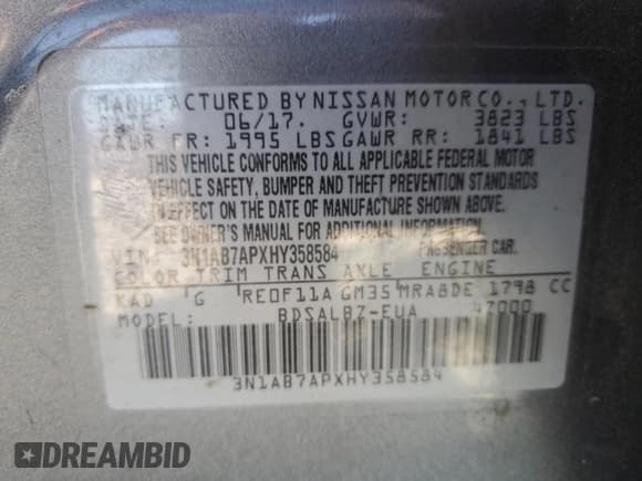 ✅ 2017 Nissan Sentra S • VIN: 3N1AB7APXHY358584 • Lot: 91510445. Listed on Copart with 90,616 mi. Free auction sales archive from the USA and detailed vehicle history report at DreamBid. Image 12.