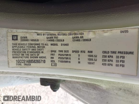 ✅ 2005 Chevrolet Colorado LS Z85 • VIN: 1GCCS148858265710 • Lot: 42269054. Listed on IAAI with 184,136 mi. Free auction sales archive from the USA and detailed vehicle history report at DreamBid. Image 9.