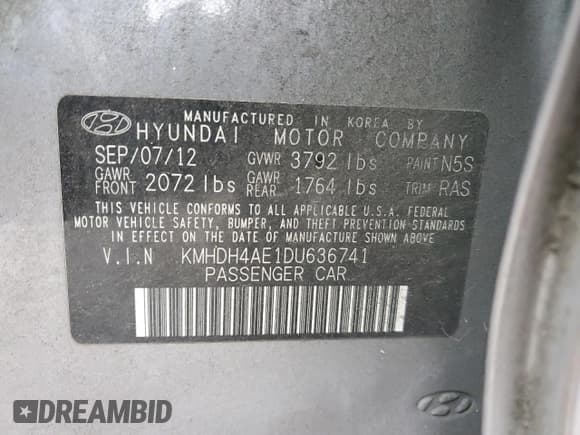 ✅ 2013 Hyundai Elantra GLS • VIN: KMHDH4AE1DU636741 • Lot: 90343515. Listed on Copart with 203,587 mi. Free auction sales archive from the USA and detailed vehicle history report at DreamBid. Image 12.