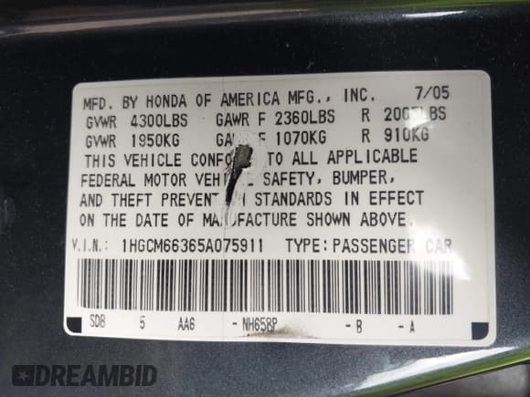 ✅ 2005 Honda Accord LX • VIN: 1HGCM66365A075911 • Lot: 43777968. Listed on IAAI with 233,316 mi. Free auction sales archive from the USA and detailed vehicle history report at DreamBid. Image 9.