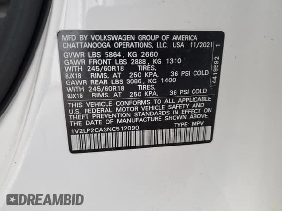 ✅ 2022 Volkswagen Atlas SE • VIN: 1V2LP2CA3NC512090 • Lot: 84652855. Wystawiony na Copart z przebiegiem 45 624 mil. Bezpłatny archiwum sprzedaży aukcyjnych z USA i szczegółowy raport historii pojazdu na DreamBid. Zdjęcie 13.
