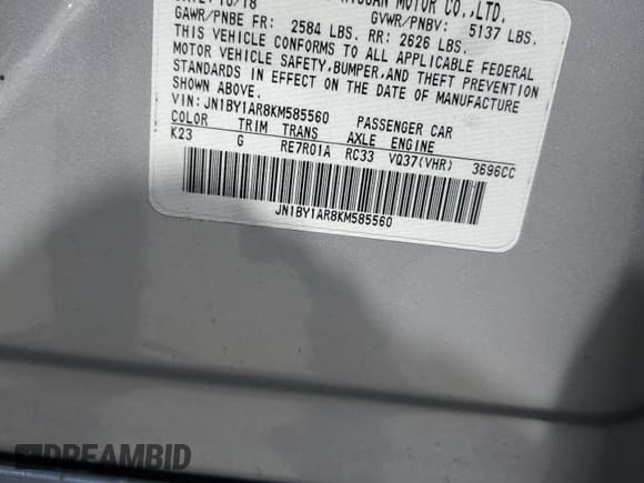 ✅ 2019 Infiniti Q70 Luxe • VIN: JN1BY1AR8KM585560 • Лот: 71537974. Опубликован ранее на Copart с пробегом 90 196 миль. Бесплатный доступ к архиву аукционных продаж из США и подробный отчёт об истории автомобиля на DreamBid. Изображение 12.