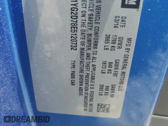 2014 Chevrolet Corvette Z51 1LT z VIN 1G1YG2D78E5120732, wystawiony jako Copart lot #57976955 z przebiegiem 68 193 mil mil oraz Szkoda całkowita • Salvage title. Historia ofert i sprzedaży dostępna na DreamBid. Obrazek 12.