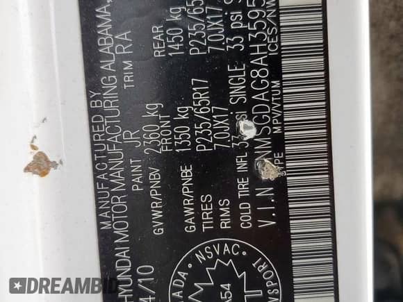 2010 Hyundai Santa Fe GL with VIN 5NMSGDAG8AH359573, listed as a Copart auction lot 58688525 with 208,591 mi miles and Salvage title. Bid and sale history available at DreamBid. Image 13.