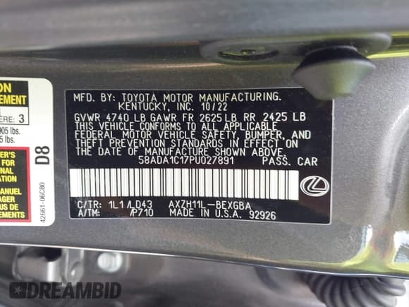 ✅ 2023 Lexus ES 300h • VIN: 58ADA1C17PU027891 • Lot: 43043227. Listed on IAAI with 44,390 mi. Free auction sales archive from the USA and detailed vehicle history report at DreamBid. Image 9.