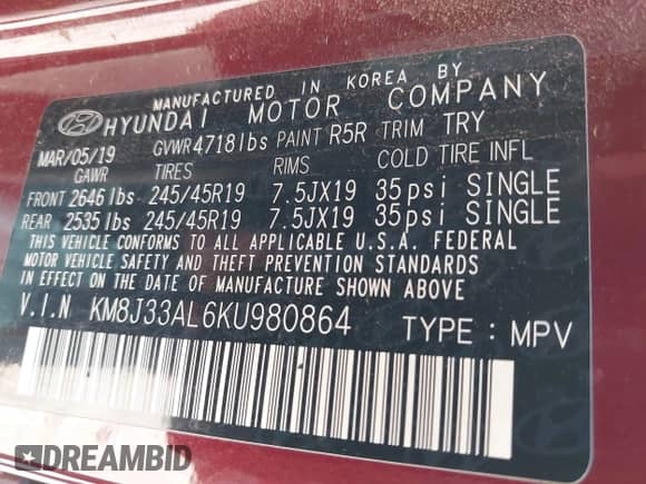 2019 Hyundai Tucson SEL z VIN KM8J33AL6KU980864, wystawiony jako IAAI lot #42551678 z przebiegiem 49 682 mil mil oraz . Historia ofert i sprzedaży dostępna na DreamBid. Obrazek 9.