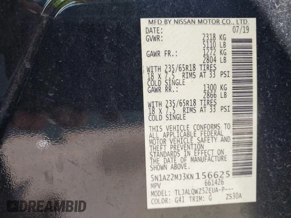 ✅ 2019 Nissan Murano S • VIN: 5N1AZ2MJ3KN156625 • Lot: 43261058. Wystawiony na IAAI z przebiegiem 59 068 mil. Bezpłatny archiwum sprzedaży aukcyjnych z USA i szczegółowy raport historii pojazdu na DreamBid. Zdjęcie 9.