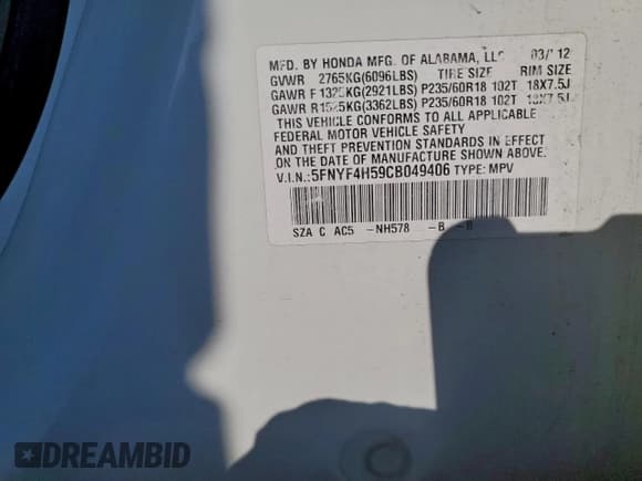 ✅ 2012 Honda Pilot EX-L • VIN: 5FNYF4H59CB049406 • Lot: 95172385. Listed on Copart with 287,527 mi. Free auction sales archive from the USA and detailed vehicle history report at DreamBid. Image 14.