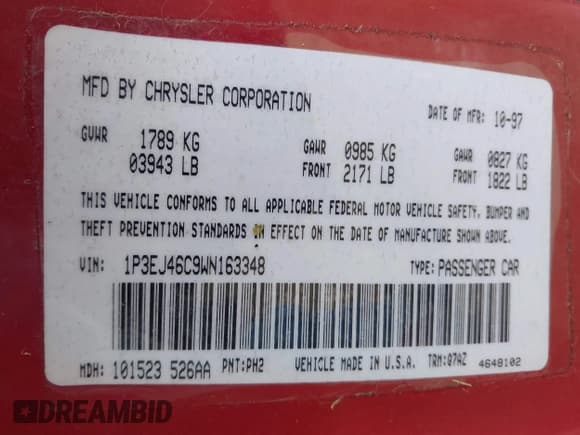 ✅ 1998 Plymouth Breeze • VIN: 1P3EJ46C9WN163348 • Lot: 43101970. Wystawiony na IAAI z przebiegiem 59 309 mil. Bezpłatny archiwum sprzedaży aukcyjnych z USA i szczegółowy raport historii pojazdu na DreamBid. Zdjęcie 9.