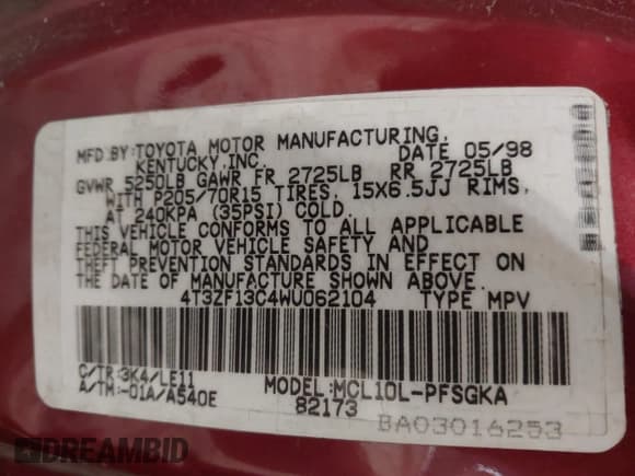 ✅ 1998 Toyota Sienna LE • VIN: 4T3ZF13C4WU062104 • Lot: 43020678. Listed on IAAI with 182,338 mi. Free auction sales archive from the USA and detailed vehicle history report at DreamBid. Image 9.