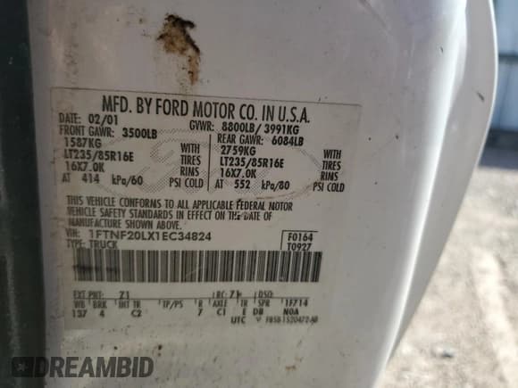 ✅ 2001 Ford F-250 XL • VIN: 1FTNF20LX1EC34824 • Lot: 55079375. Listed on Copart with 141,659 mi. Free auction sales archive from the USA and detailed vehicle history report at DreamBid. Image 12.