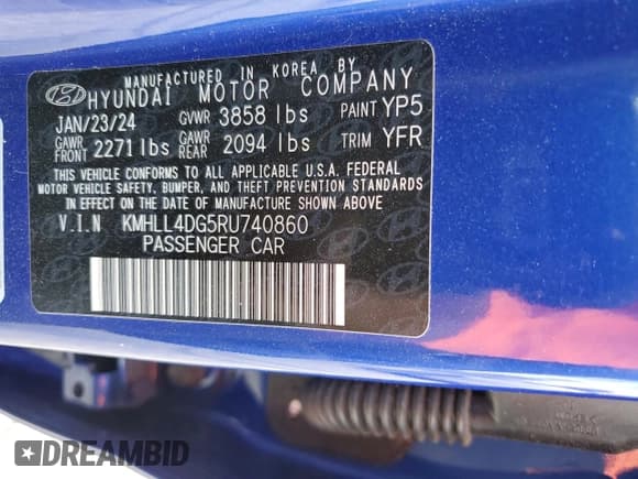 ✅ 2024 Hyundai Elantra SE • VIN: KMHLL4DG5RU740860 • Lot: 47126855. Listed on Copart with 34,990 mi. Free auction sales archive from the USA and detailed vehicle history report at DreamBid. Image 12.