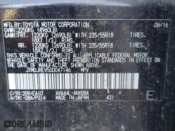 ✅ 2016 Toyota RAV4 Limited • VIN: JTMDJREV5GD047146 • Lot: 81693285. Listed on Copart with Not provided. Free auction sales archive from the USA and detailed vehicle history report at DreamBid. Image 14.