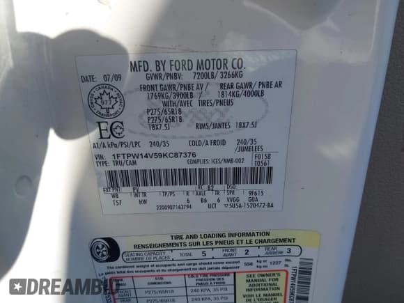 ✅ 2009 Ford F-150 XL • VIN: 1FTPW14V59KC87376 • Lot: 43470705. Listed on IAAI with 167,469 mi. Free auction sales archive from the USA and detailed vehicle history report at DreamBid. Image 9.