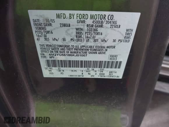 2006 Mercury Mariner Luxury с VIN 4M2YU56186KJ01007, выставлен на аукционе IAAI как лот 42619715 с пробегом 157 209 миль миль и . История ставок и продаж доступна на DreamBid. Изображение 9.