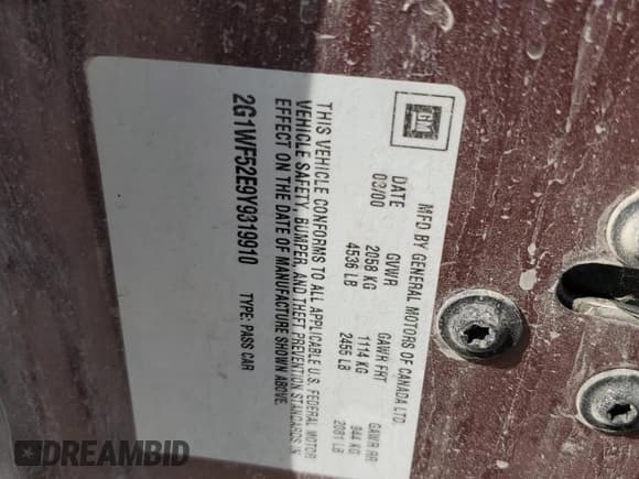 ✅ 2000 Chevrolet Impala • VIN: 2G1WF52E9Y9319910 • Lot: 63128505. Wystawiony na Copart z przebiegiem Nie podano. Bezpłatny archiwum sprzedaży aukcyjnych z USA i szczegółowy raport historii pojazdu na DreamBid. Zdjęcie 12.