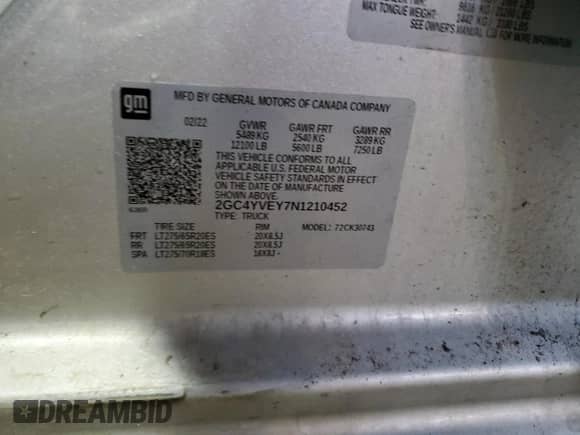 2022 Chevrolet Silverado 3500HD High Country с VIN 2GC4YVEY7N1210452, выставлен на аукционе Copart как лот 80449804 с пробегом Не указан миль и Списание • Salvage title. История ставок и продаж доступна на DreamBid. Изображение 13.