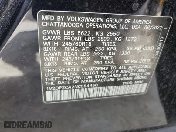✅ 2022 Volkswagen Atlas SE • VIN: 1V2DP2CA2NC554450 • Lot: 51267765. Listed on Copart with 48,895 mi. Free auction sales archive from the USA and detailed vehicle history report at DreamBid. Image 13.