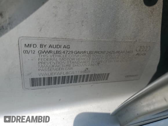 ✅ 2012 Audi A4 Premium Plus • VIN: WAUEFAFL8CA119969 • Lot: 58847635. Listed on Copart with 156,058 mi. Free auction sales archive from the USA and detailed vehicle history report at DreamBid. Image 12.