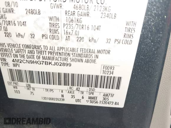 2011 Mercury Mariner Premier с VIN 4M2CN9HG7BKJ02899, выставлен на аукционе IAAI как лот 42490843 с пробегом 268 830 миль миль и . История ставок и продаж доступна на DreamBid. Изображение 9.