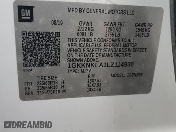 ✅ 2020 GMC Acadia SLE • VIN: 1GKKNKLA1LZ114930 • Lot: 92223045. Listed on Copart with 166,805 mi. Free auction sales archive from the USA and detailed vehicle history report at DreamBid. Image 14.