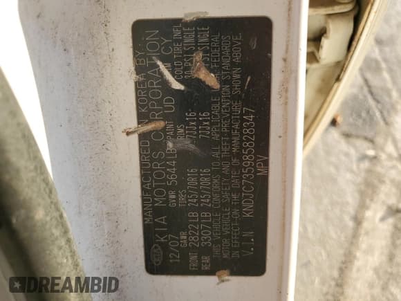 ✅ 2008 Kia Sorento LX • VIN: KNDJC735985828347 • Lot: 91780965. Listed on Copart with 171,193 mi. Free auction sales archive from the USA and detailed vehicle history report at DreamBid. Image 13.