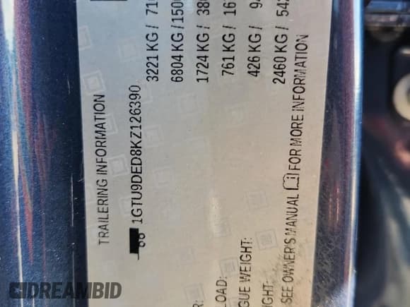 ✅ 2019 GMC Sierra 1500 SLT • VIN: 1GTU9DED8KZ126390 • Lot: 80059645. Listed on Copart with 80,320 mi. Free auction sales archive from the USA and detailed vehicle history report at DreamBid. Image 13.