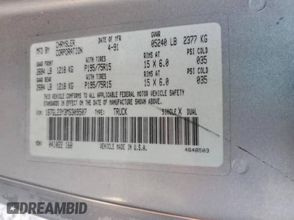 1991 Dodge Dakota с VIN 1B7GL23Y3MS309507, выставлен на аукционе Copart как лот 58079905 с пробегом 90 932 миль миль и Списание • Salvage title. История ставок и продаж доступна на DreamBid. Изображение 13.