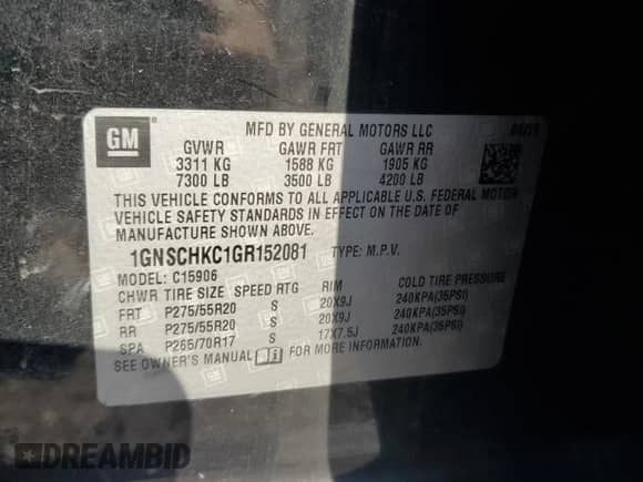 2016 Chevrolet Suburban LT with VIN 1GNSCHKC1GR152081, listed as a Copart auction lot 66030834 with 144,010 mi miles and Salvage title. Bid and sale history available at DreamBid. Image 15.