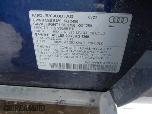 ✅ 2021 Audi Q5 Premium • VIN: WA1AAAFY8M2068331 • Lot: 42947817. Wystawiony na IAAI z przebiegiem 72 011 mil. Bezpłatny archiwum sprzedaży aukcyjnych z USA i szczegółowy raport historii pojazdu na DreamBid. Zdjęcie 9.
