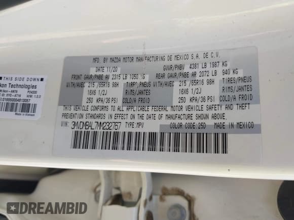 ✅ 2021 Mazda CX-30 S • VIN: 3MVDMBAL7MM232767 • Lot: 42463904. Listed on IAAI with 81,842 mi. Free auction sales archive from the USA and detailed vehicle history report at DreamBid. Image 9.