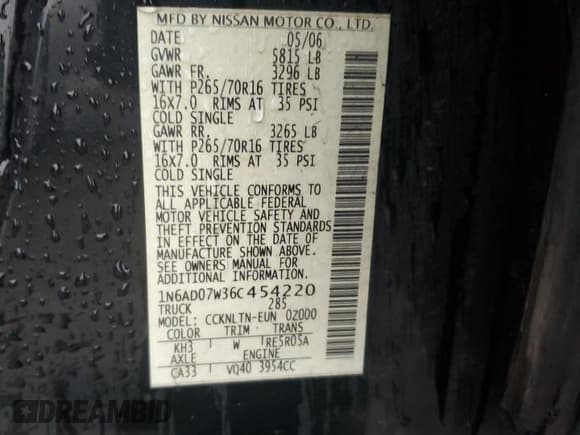 ✅ 2006 Nissan Frontier SE • VIN: 1N6AD07W36C454220 • Lot: 82266005. Listed on Copart with 153,522 mi. Free auction sales archive from the USA and detailed vehicle history report at DreamBid. Image 12.