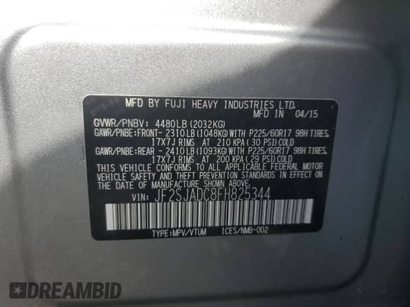 2015 Subaru Forester Premium с VIN JF2SJADC8FH825344, выставлен на аукционе Copart как лот 87461445 с пробегом 39 295 миль миль и Списание • Salvage title. История ставок и продаж доступна на DreamBid. Изображение 13.