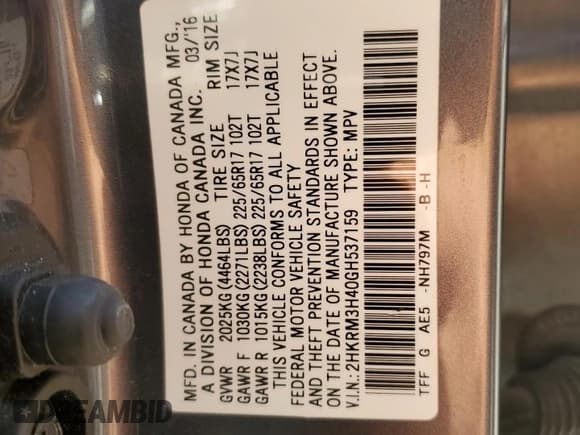 ✅ 2016 Honda CR-V SE • VIN: 2HKRM3H40GH537159 • Lot: 86086725. Listed on Copart with 80,537 mi. Free auction sales archive from the USA and detailed vehicle history report at DreamBid. Image 14.