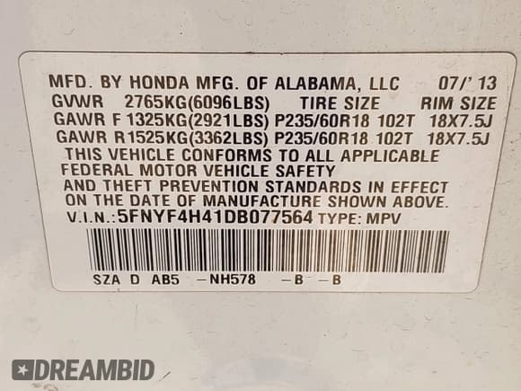 ✅ 2013 Honda Pilot EX • VIN: 5FNYF4H41DB077564 • Lot: 43453869. Listed on IAAI with 255,881 mi. Free auction sales archive from the USA and detailed vehicle history report at DreamBid. Image 9.
