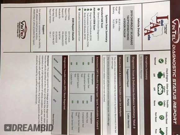 2019 Chevrolet Silverado 1500 Custom Trail Boss z VIN 1GCPYCEF0KZ195392, wystawiony jako IAAI lot #42799834 z przebiegiem 85 809 mil mil oraz . Historia ofert i sprzedaży dostępna na DreamBid. Obrazek 1.