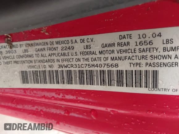 ✅ 2005 Volkswagen Beetle GLS • VIN: 3VWCR31C75M407568 • Lot: 42532558. Listed on IAAI with 122,426 mi. Free auction sales archive from the USA and detailed vehicle history report at DreamBid. Image 9.