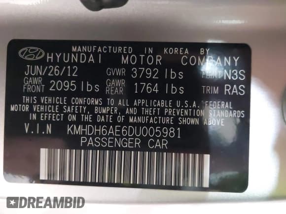 ✅ 2013 Hyundai Elantra GS • VIN: KMHDH6AE6DU005981 • Lot: 41560050. Listed on IAAI with Not provided. Free auction sales archive from the USA and detailed vehicle history report at DreamBid. Image 9.