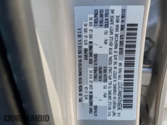 ✅ 2024 Mazda 3 S Preferred • VIN: 3MZBPACMXRM413107 • Lot: 70512545. Listed on Copart with 47,491 mi. Free auction sales archive from the USA and detailed vehicle history report at DreamBid. Image 12.