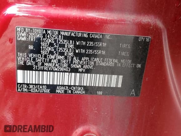 ✅ 2016 Toyota RAV4 Limited • VIN: 2T3YFREV7GW298403 • Lot: 55730025. Listed on Copart with 138,853 mi. Free auction sales archive from the USA and detailed vehicle history report at DreamBid. Image 12.